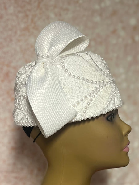 White Sequin Lace and Pearl Full Hat Fascinator for weddings, church, tea parties and special occasions