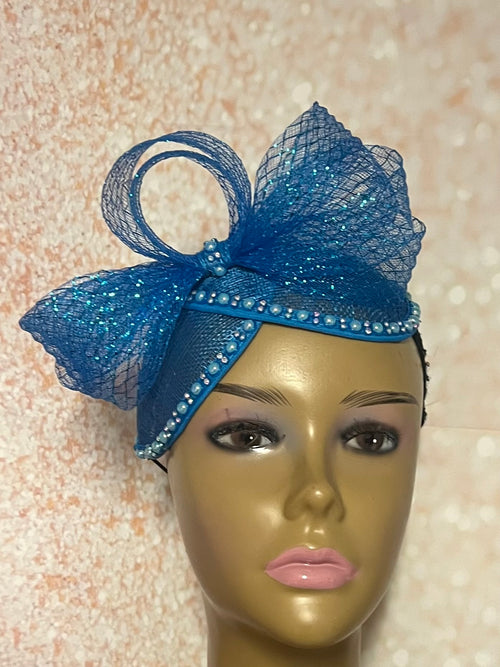 Blue Sinamay Fascinator Half Hat for Church head covering, Tea Party, Wedding, and other Special Occasions