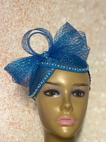 Blue Sinamay Fascinator Half Hat for Church head covering, Tea Party, Wedding, and other Special Occasions