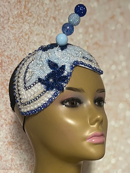 Beaded Double Teardrop Fascinator Hat, Royal Blue, Light Blue, Special Occasion Headwear