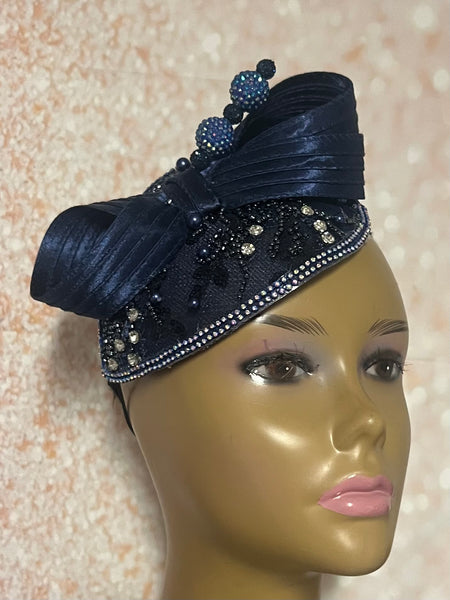 Navy Blue Sinamay Bling Teardrop Half Hat Fascinator for Church Head Covering, Tea Parties, Weddings and Special Occasions