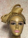 Gold Sequin Beaded Fascinator Half Hat with Bow and Veiling for Church, Tea Parties, Weddings and other special occasions