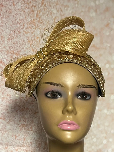 Gold Sequin Beaded Fascinator Half Hat with Bow and Veiling for Church, Tea Parties, Weddings and other special occasions