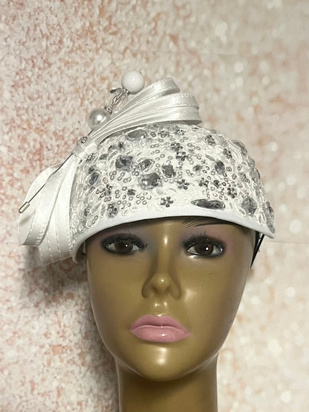 White Beaded Half Hat Fascinator for Church and Special Occasion Headwear