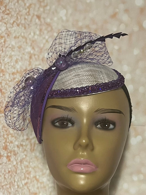 Purple and White Sinamay Fascinator Half Hat for Church, Wedding, Mother of the Bride, Head Covering, Tea Parties and other special occasion