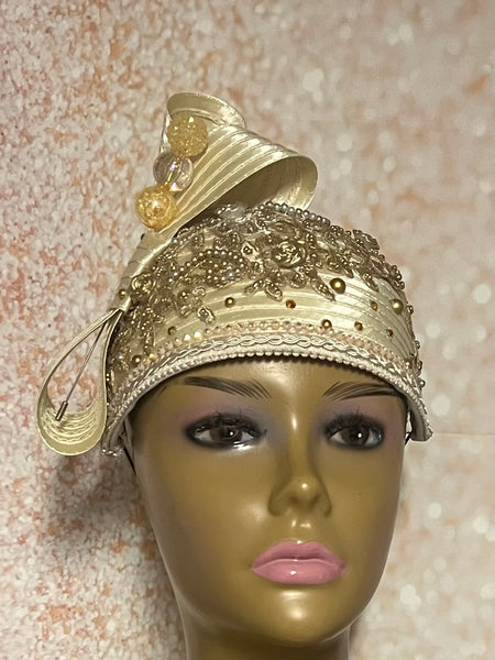 Gold/Beige Beaded  Rhinestone Fascinator Half Hat for Church, Tea Parties, Weddings and other special occasions