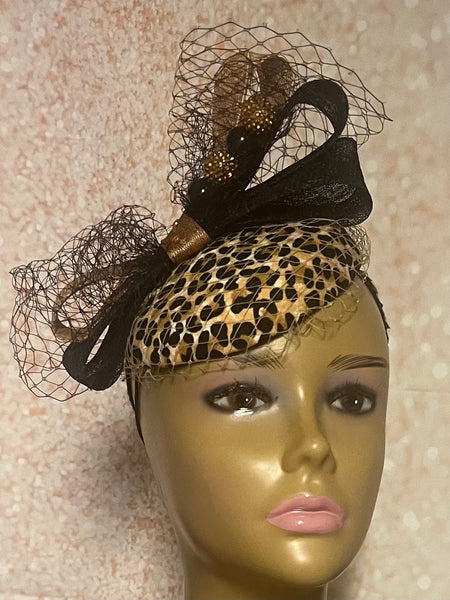 Leopard Small Circular Fascinator Half Hat for Tea Party, Church Head Covering, Wedding and other Special Occasions