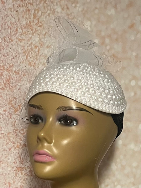 White Beaded Headband Half Hat Fascinator for weddings, church and special occasions, Gift for Mom, Sister, Wife, Her