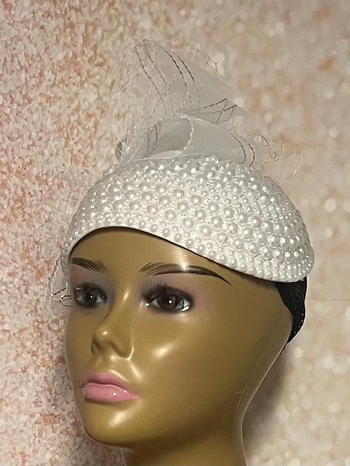 White Beaded Pearl Three Quarter/Full Hat Fascinator for weddings, church and special occasions, Gift for Mom, Sister, Wife, Her