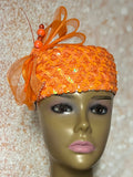 Orange Sequin Pillbox Hat Fascinator for Church Head Covering, Wedding, Tea Party, Mother of the Bride, and Other Special Occasions