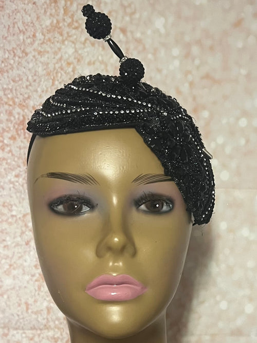 Black Double Cup Beaded Half Hat Fascinator for Church and Special Occasion