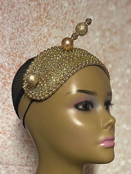Gold Bead and Rhinestone Headband-Shaped Fascinator Half Hat for Church, Tea Parties, Weddings and other special occasions