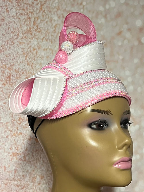 Beautiful Pink and White Beaded Full Hat for Church, Wedding, Mother of the Bride, Head Covering, Tea Parties and other special occasions