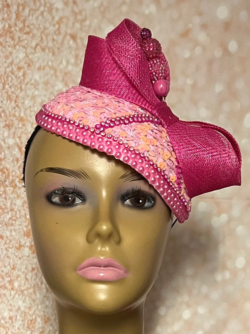 Pink Bead and Sequin Teardrop Fascinator, Light Pink Half Hat for Church head covering, Tea Party, Weddings, and other Special Occasions