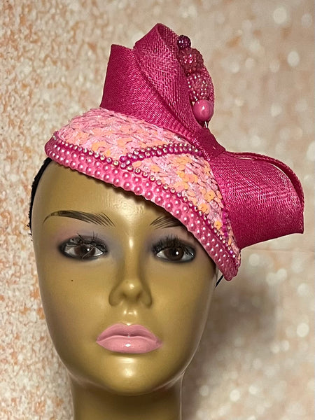 Pink Bead and Sequin Teardrop Fascinator, Light Pink Half Hat for Church head covering, Tea Party, Weddings, and other Special Occasions