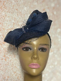 Navy Blue Sinamay Teardrop Half Hat Fascinator for Church Head Covering, Tea Parties, Weddings and Special Occasions