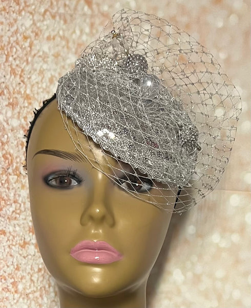 Silver Sequin Disc Shiny Bling Fascinator Half Hat for Church, Tea Parties, Weddings and other special occasions