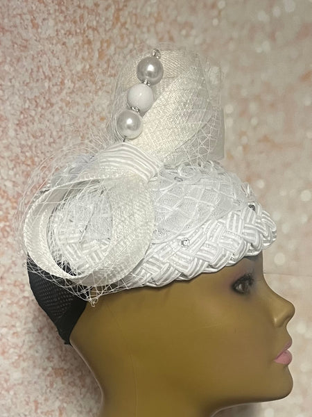 White Braided Sinamay Bow Fascinator Half Hat for Church Head Covering, Tea Parties and Other Special Occasions