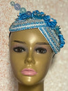 Light Blue Beaded Flower Double Cup Fascinator, Sea Blue Double Teardrop Church Special Occasion Half Hat