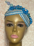 Light Blue Beaded Flower Double Cup Fascinator, Sea Blue Double Teardrop Church Special Occasion Half Hat