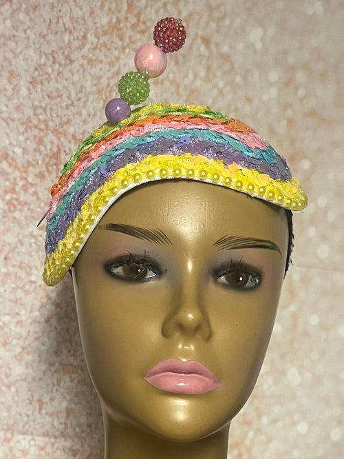 Yellow Pink Green Blue Lavender Orange Multicolor Sequin Teardrop Fascinator Hat, For Church, Tea Party, Wedding and other special occasions