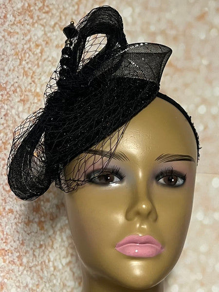 Black Sequin Lace Small Button Fascinator Half Hat for Church Head Covering, Weddings, Tea Parties and  Other Special Occasions