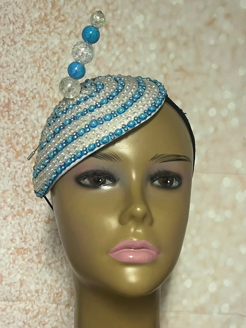 Blue Beaded Teardrop Fascinator Half Hat, Sky Blue Church and Special Occasion Headpiece