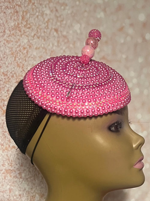 Fuchsia Pink Button Beaded Fascinator Half Hat for Church head covering, Tea Party, Wedding, and other Special Occasions
