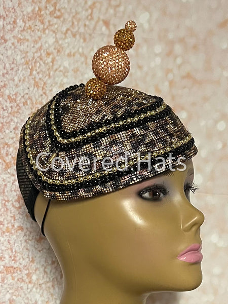 Leopard Print Rhinestone Fascinator, Half Hat for Church and Special Occasions