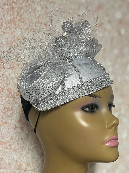 Silver Crystal Rhinestone Bead Teardrop Fascinator Half Hat, Church, Wedding, Tea Party Headpiece
