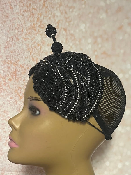 Black Double Cup Beaded Half Hat Fascinator for Church and Special Occasion
