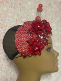 Red Flower Beaded Double Teardrop Fascinator Hat, Church and Special Occasion Headwear