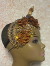 Gold and Brown Beaded Flower Fascinator, Church Special Occasion Half Hat