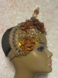 Gold and Brown Beaded Flower Fascinator, Church Special Occasion Half Hat