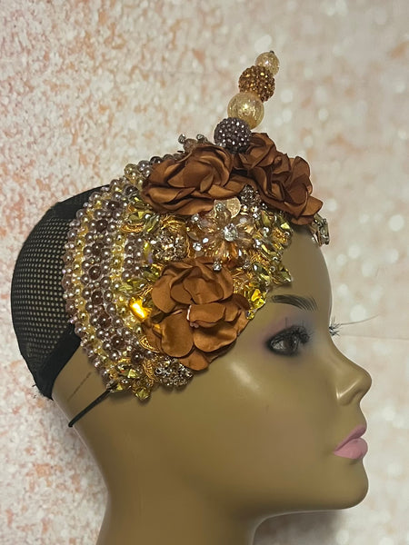 Gold and Brown Beaded Flower Fascinator, Church Special Occasion Half Hat