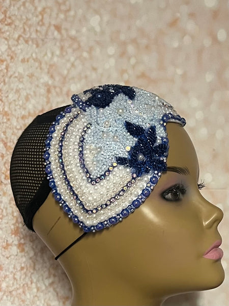 Beaded Double Teardrop Fascinator Hat, Royal Blue, Light Blue, Special Occasion Headwear