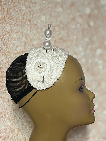 White Beaded Headband Half Hat Fascinator for weddings, church and special occasions, Gift for Mom, Sister, Wife, Her