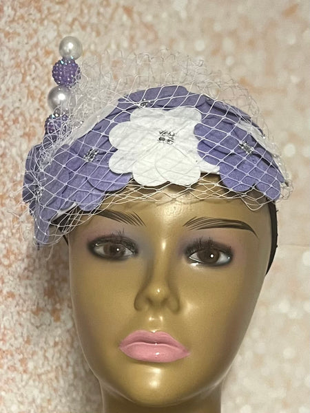 Lavender and White Felt Flower Purple Fascinator Half hat for Church, Wedding, Head Covering, Tea Parties and other special occasions