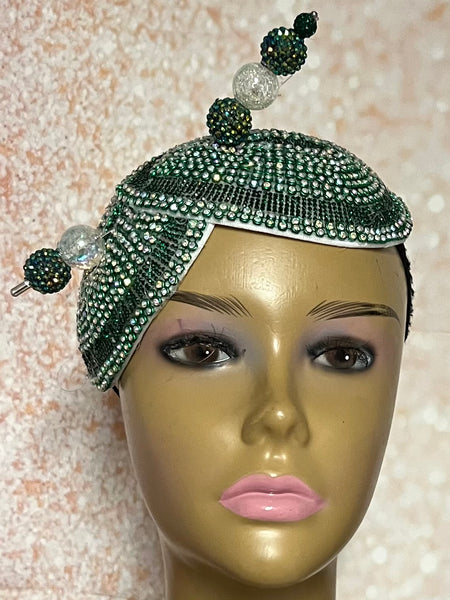 Green Beaded Rhinestone Double Cup Fascinator | Double Teardrop Half Hat for Church