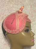 Salmon Pink and Peach Crystal Beaded Double Cup Fascinator Half Hat for Church Weddings and Special Occasions