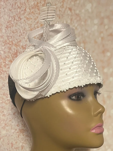 White Rhinestone Beaded Half Hat Fascinator for Church, Weddings and Special Occasion