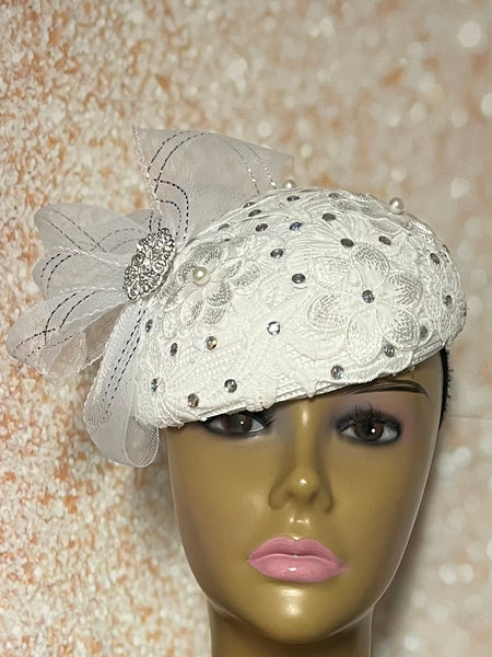 White Draped Mesh Full Hat Fascinator for weddings, church, tea parties and special occasions
