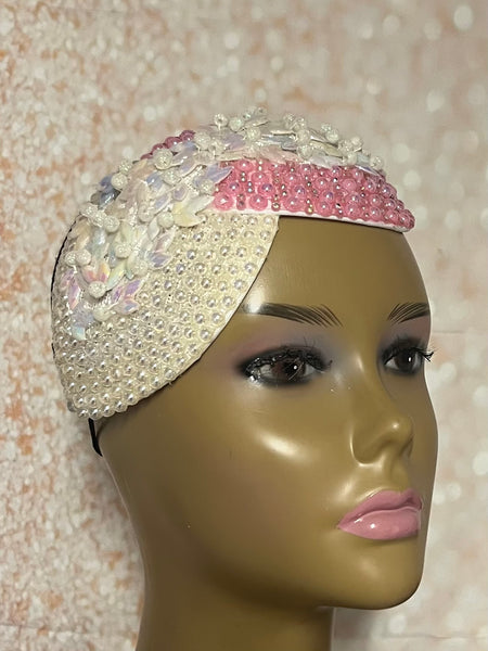Pink and Off-White Iridescent Rhinestone Double Teardrop Beaded Fascinator