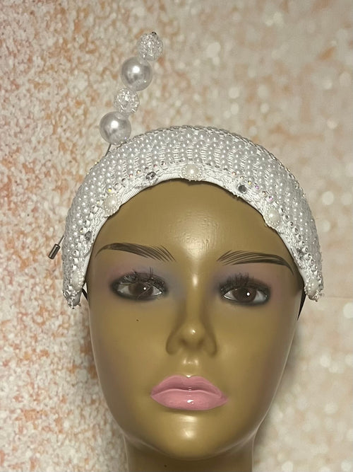 White Beaded Pearl Wide Headband Shaped Half Hat Fascinator for weddings, church and special occasions, Gift for Mom, Sister, Wife, Her