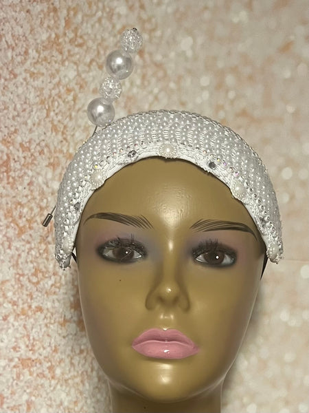White Beaded Pearl Wide Headband Shaped Half Hat Fascinator for weddings, church and special occasions, Gift for Mom, Sister, Wife, Her