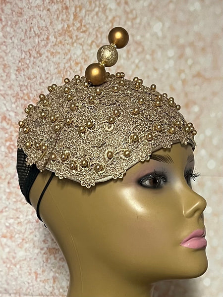 Gold Beaded Fascinator Half Hat for Church, Tea Parties, Weddings and other special occasions