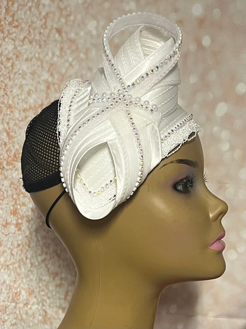 White Satin Fascinator Half Hat for Weddings, Church Head Covering, Tea Parties, and other Special Occasions