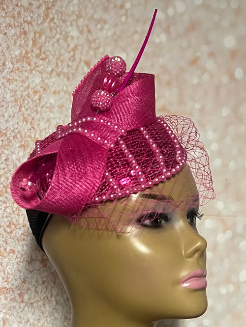 Fuchsia Pink Sequin Beaded Fascinator Half Hat for Church head covering, Tea Party, Wedding, and other Special Occasions