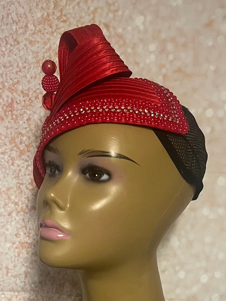 Red Beaded Satin Fascinator Half Hat for Church, Tea Parties, Weddings and other special occasions