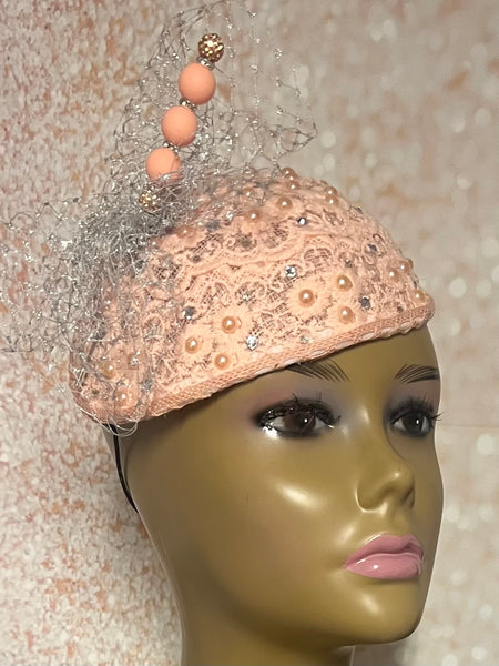 Peach Lace Fascinator Half Hat, Weddings, Church, Tea Parties, and other Special Occasions